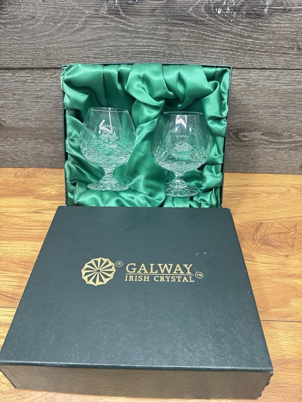Galway Irish Crystal Brandy Cognac Snifter Etched Happy Anniversary -set Of 2